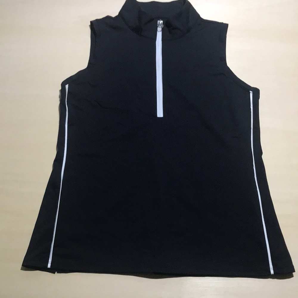 Kinona Black Sleeveless Polo Tank with White Zip and Piping Size S